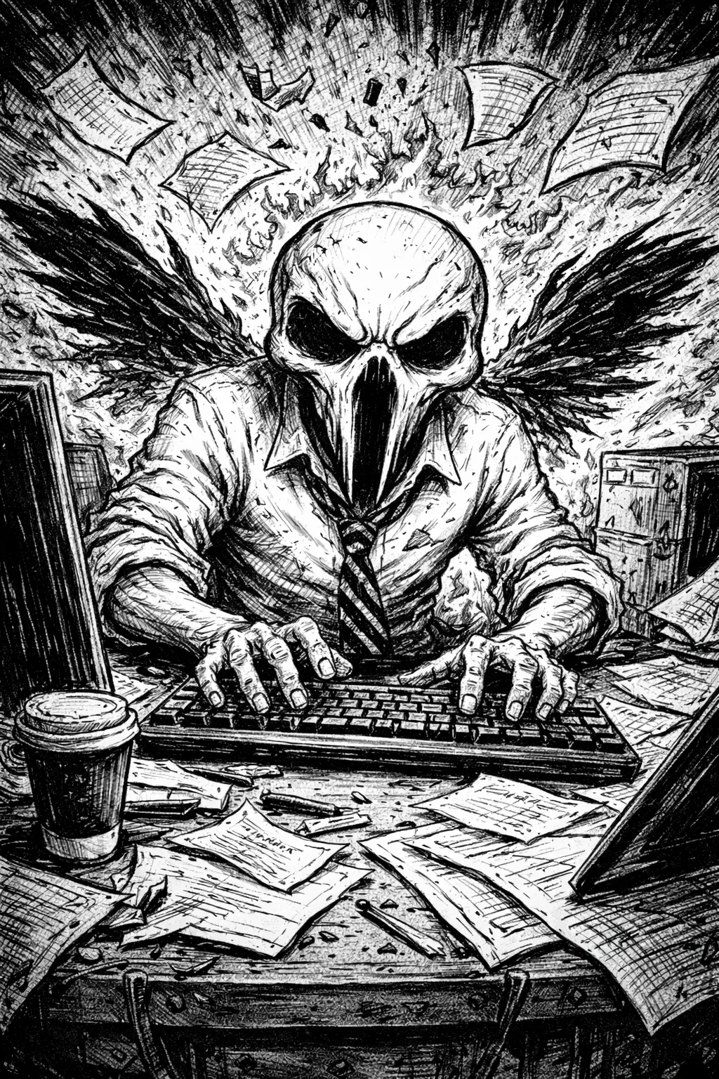 The Faceless at a desk, working late